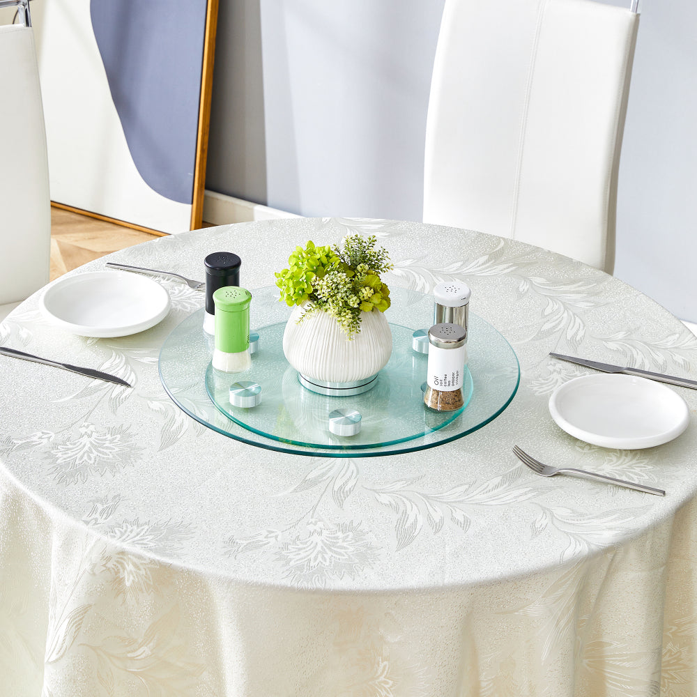 Double layer rotatable round glass.Golden aluminum plate,The rotatable design makes it convenient to retrieve and place items.The upper glass has a diameter of 20 inches,the lower glass15 inches.