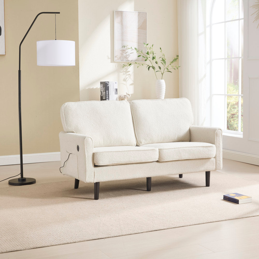 Loveseat Sofa, Mid Century Modern Love Seat, 2 Seater Sofa Couches for Living Room, Small Couch with USB & Removable Pillow Cover, Comfy Couch for Bedroom, Apartment (Beige)