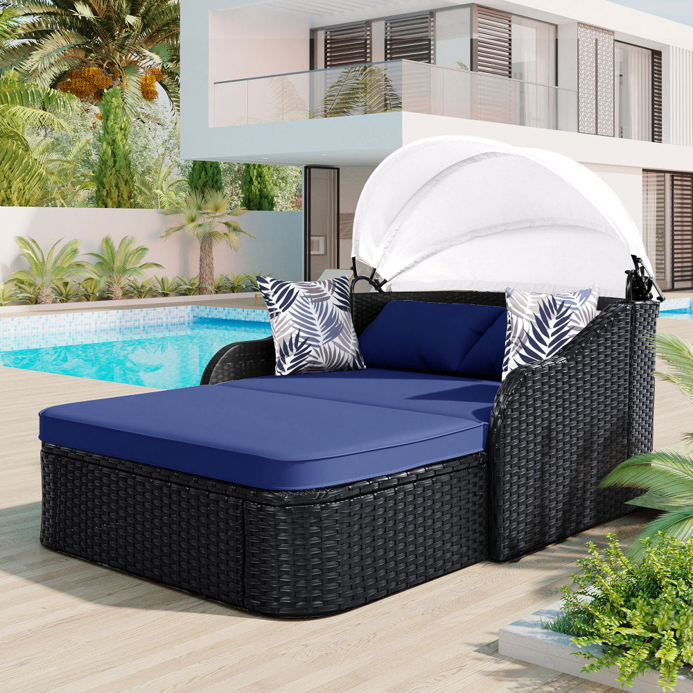 GO 79.9" Outdoor Sunbed with Adjustable Canopy, Double lounge, PE Rattan Daybed, Black Wicker and Blue Cushion