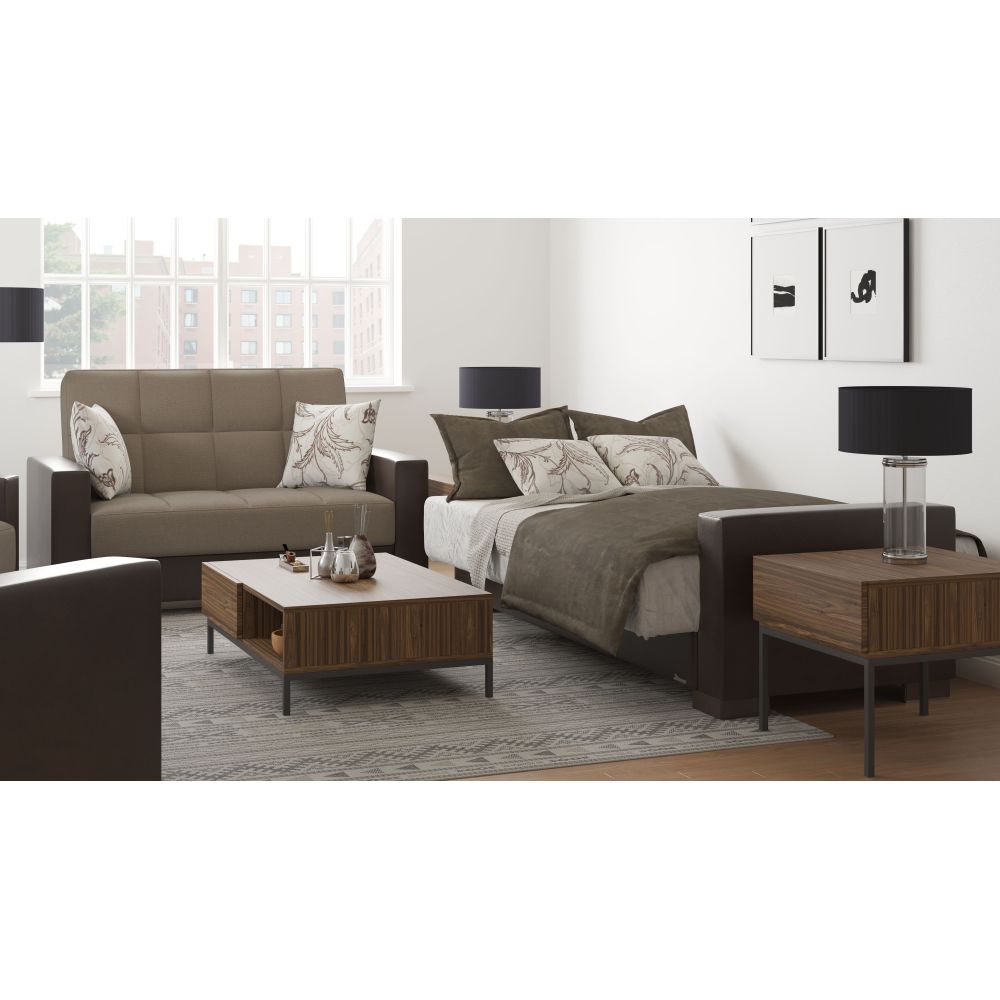PrimeNest ZenAero Collection Upholstered Convertible Loveseat with Storage, Beige/Brown-PU Chenille