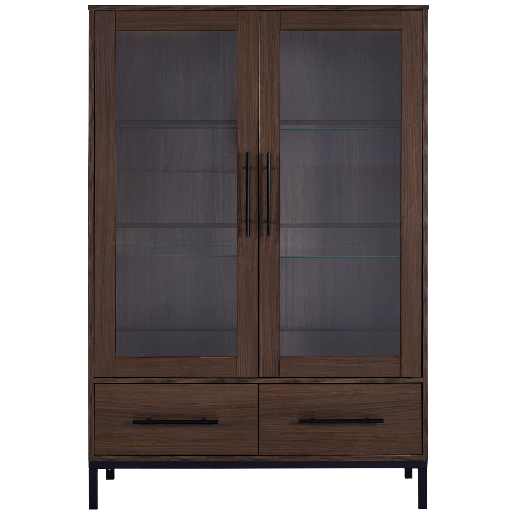 60'' Tall Display Cabinet with 2 Storage Drawers, Pantry with Glass Door & LED Lighting, Farmhouse Storage Cabinet with 4-Tier Adjustable Glass Shelves for Living Room, Hallway, Office, Study - Walnut