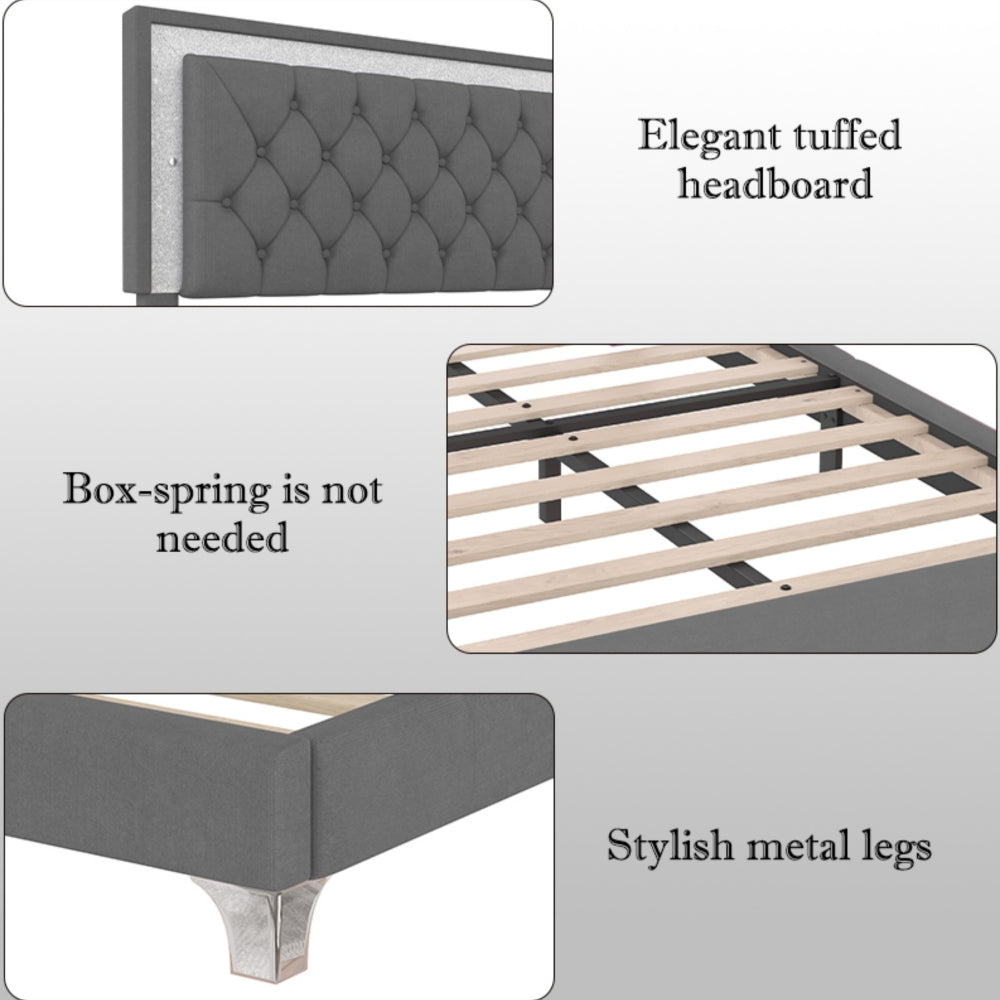 3-Pieces Bedroom Sets,Queen Size Upholstered Platform Bed with LED Lights and Two Nightstands-Gray
