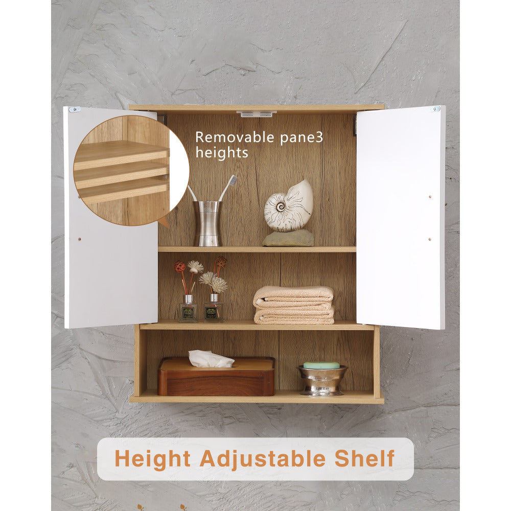 Bathroom Wall Cabinet with Double - Door, Bottom Shelf, Wavy - Patterned Doors, Adjustable Inner Shelf, Easy Installation, White & Natural Wood