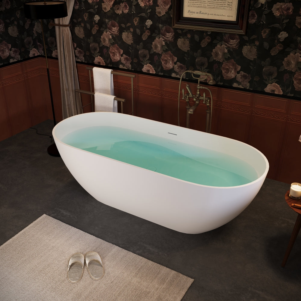 69" Freestanding Solid Surface Bathtub, Luxury Handcrafted Stone Resin Freestanding Soaking Bathtub with Overflow and Pop-up Drain, Matte White 24S03-69MW