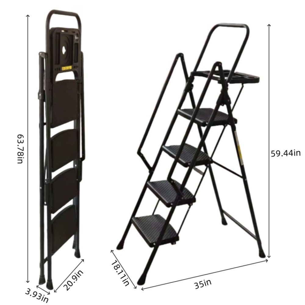 4 Step Ladder, Folding Step Stool with Non-Slip Wide Pedals, Soft Handle, Non-Slip Feet, Sturdy Steel Construction, 440 lb Capacity Steel Ladder, Suitable for Home & Office