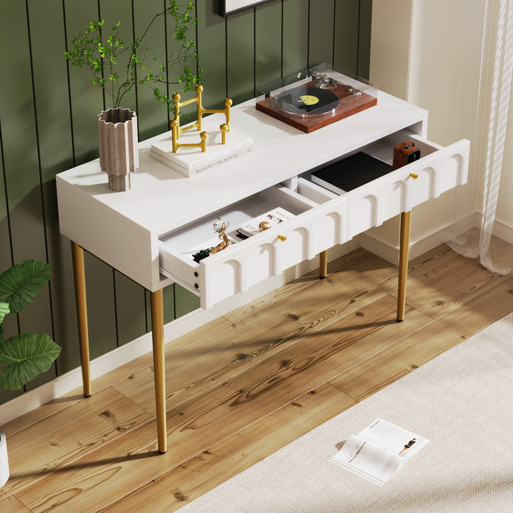 Modern metal leg double drawer dressing table, combining high-quality wood and metal, simple style, multifunctional dressing table, suitable for bedroom, living room, and office use