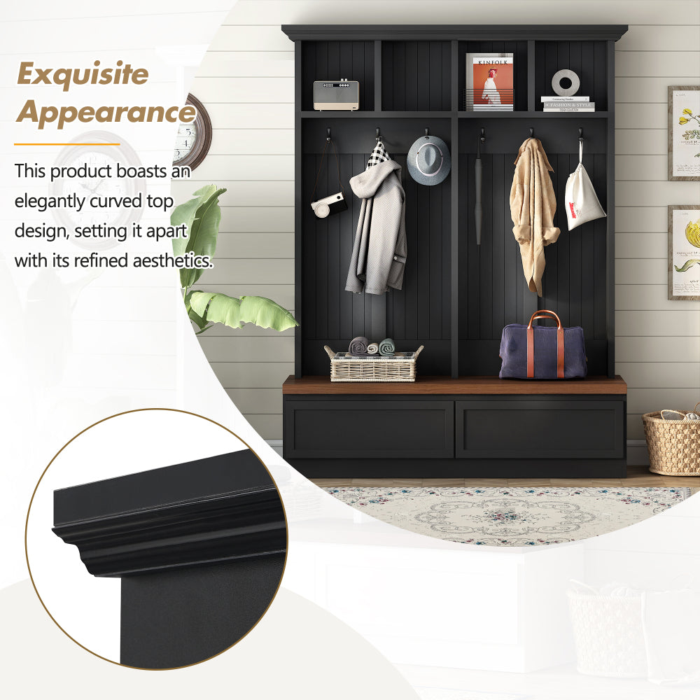 [Assembly Video] Farmhouse  4-in-1 Hall Tree with Wood Grain Bench, Mudroom Versatile Coat Rack with 2 Large Drawer, Large Entrance Organizer with 6 Black Hooks for Hallway, Living Room, Black, 55.9"W