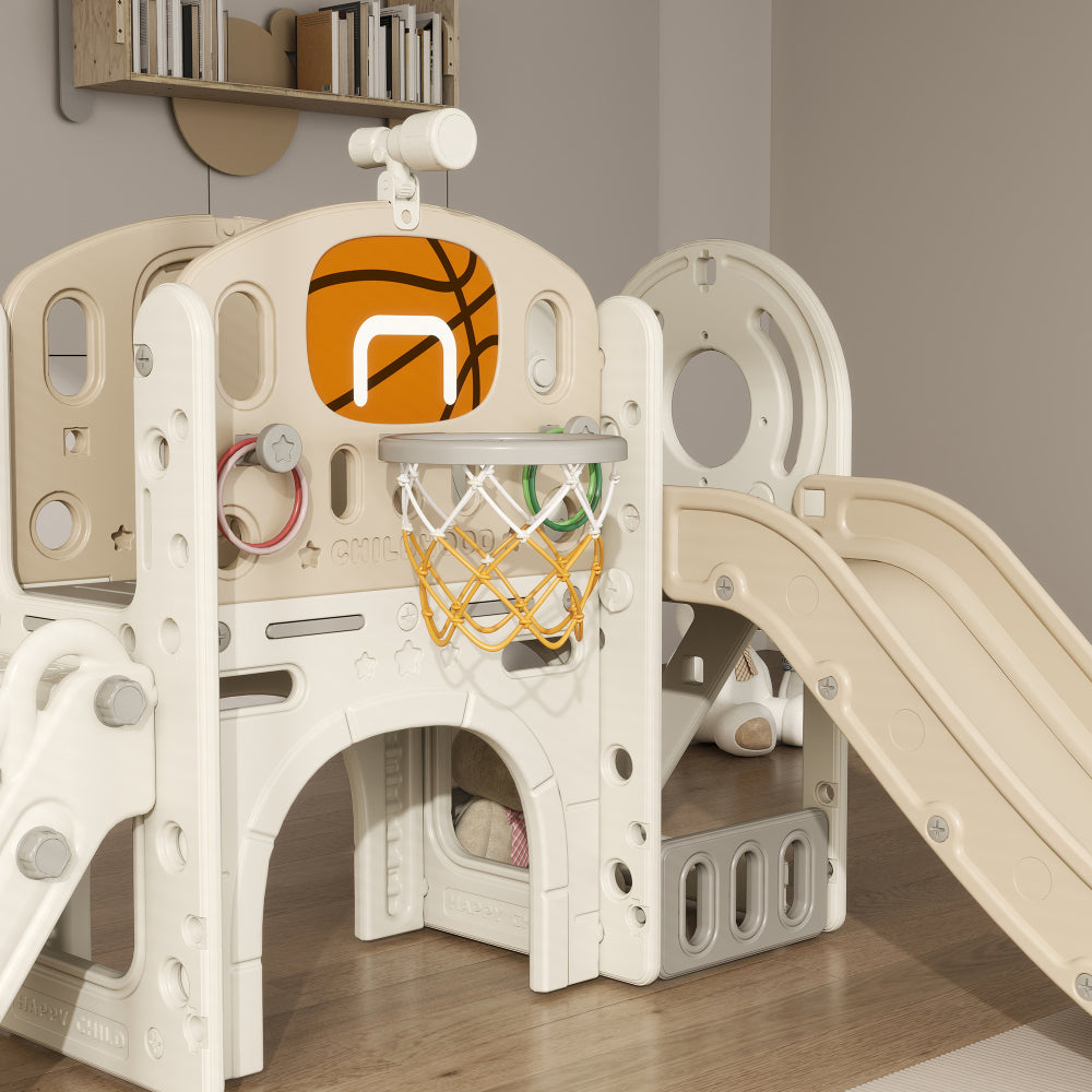 Qaba 7-in-1 Toddler Slide Playset, Kids Slide for Ages 1-6 Years with Ring Toss, Basketball Hoop, Telescope, Indoor Playground with Climber, Storage Space, Crawl Tunnel, Cream White