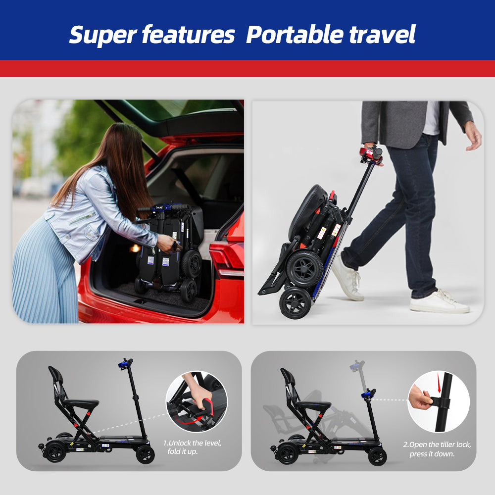SOLAX 4-Wheel Remote Folding Mobility Scooter for Adults and Seniors, super lightweight and compact plus NFC Electric Foldable Mobility Scooter With Suspenion capacity.