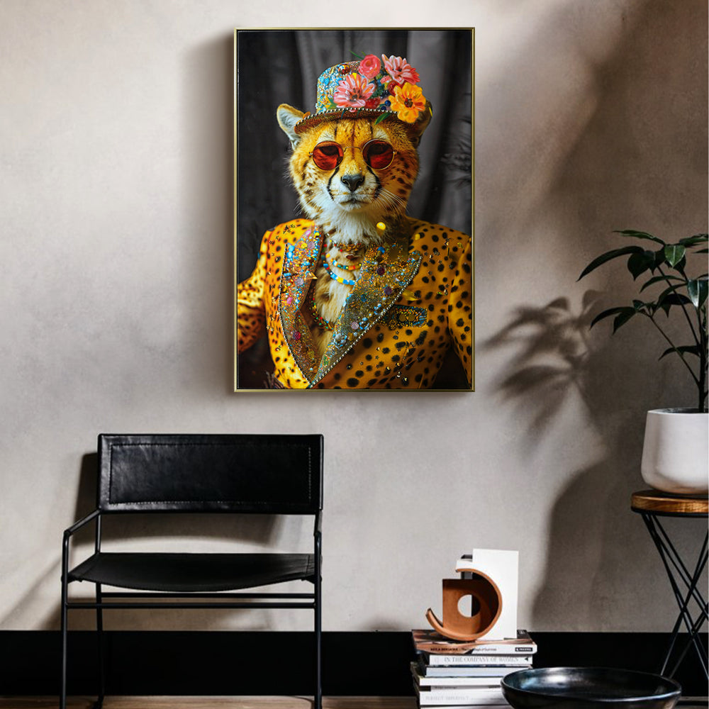 Abstract Art Wall Decor: Stylish Cheetah in Leopard Print Suit with Sunglasses and Hat Featuring Flower - Unique Modern Canvas Painting for Living Room, Bedroom, Office decorative picture