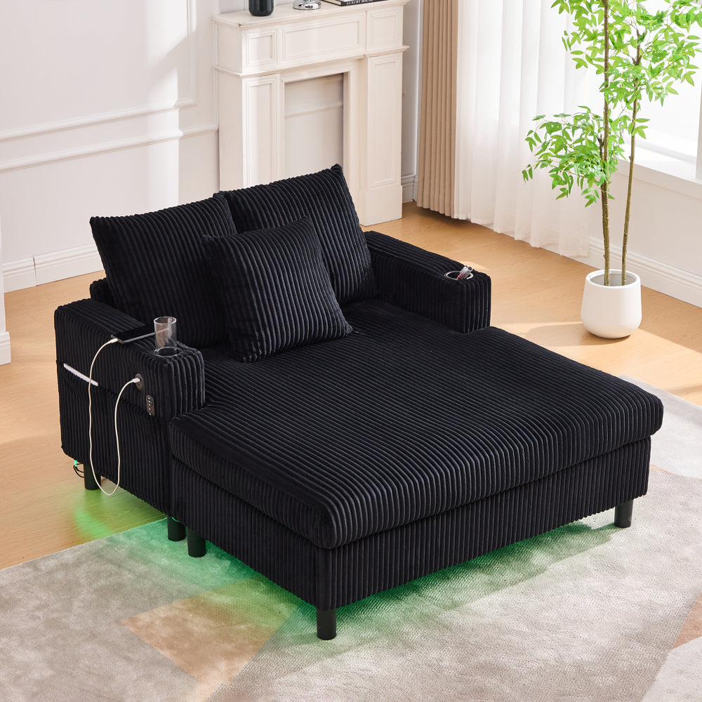 UNITED WE WIN Modern Corduroy Oversized Recliner Sofa with Deep Seat, 3 Pillows, USB Charging, RGB LED Light Strip, Cup Holder, Side Pocket - Suitable for Living Room and Bedroom