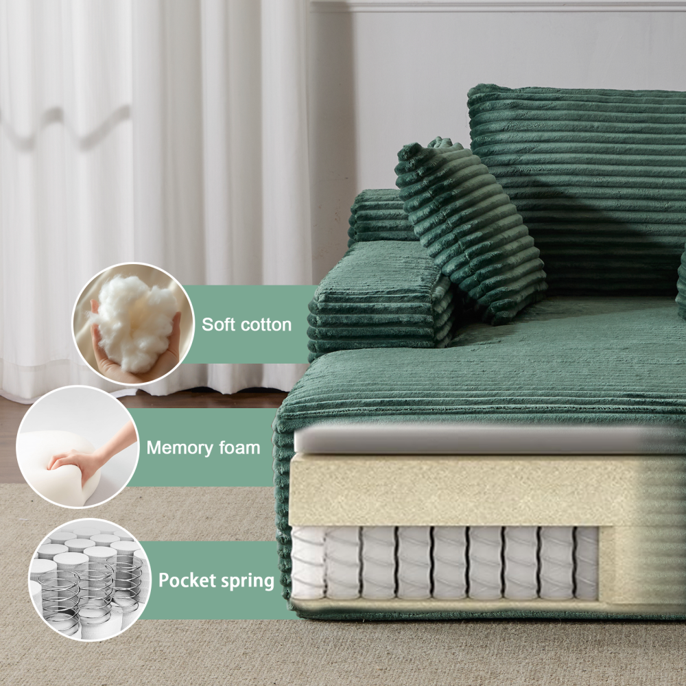 Oversized Chaise Lounge Chair Cozy Cloud Couch, Modern Plush Corduroy Upholstered Sleeper Sofa Daybed with 3 Throw Pillows and Wide Armrest for Living Room, No Assembly Required,Green