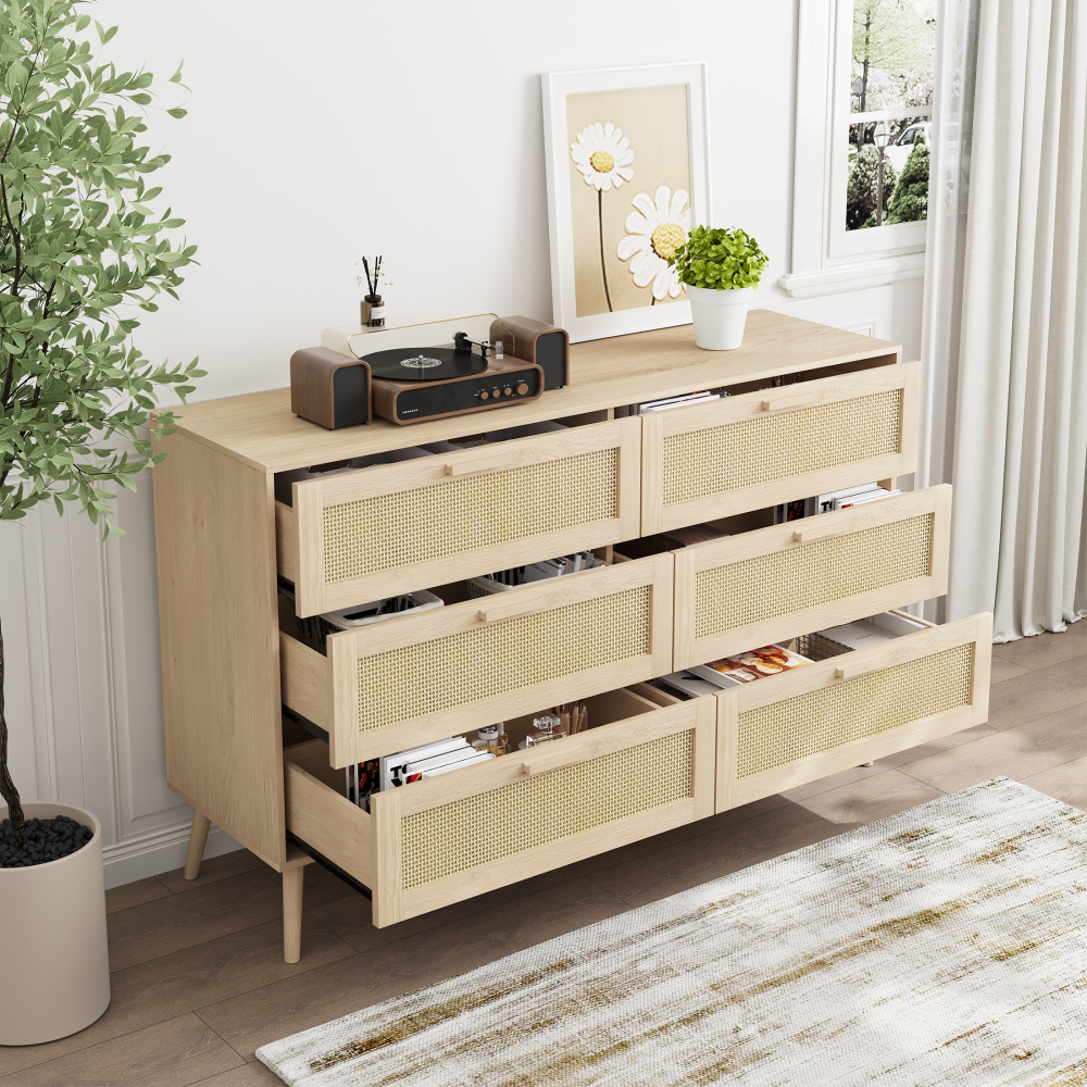 Rattan 6 Drawers  Chest  of Dressers for Bedroom, Modern 6 Drawer Dresser, Wide Chest of Drawers with wood Handles,  Rattan Dresser Storage Cabinet for Living Room, Bedroom, Hallway