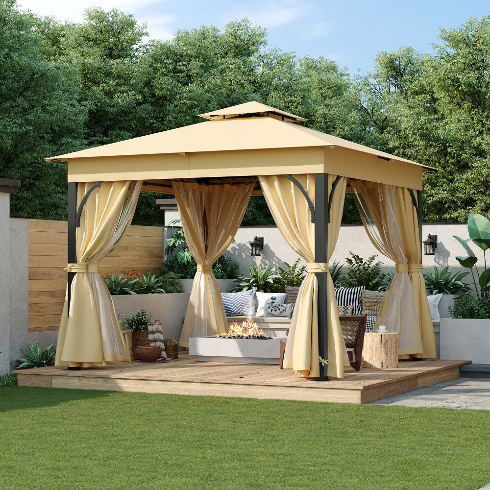 TREXM 10x10 Outdoor Gazebo Tent with Double Roofs, Patio Gazebo with Mosquito Netting and Privacy Screens, Patio Canopy for Shade and Rain for Backyard, Garden, Lawn and Deck (Beige)