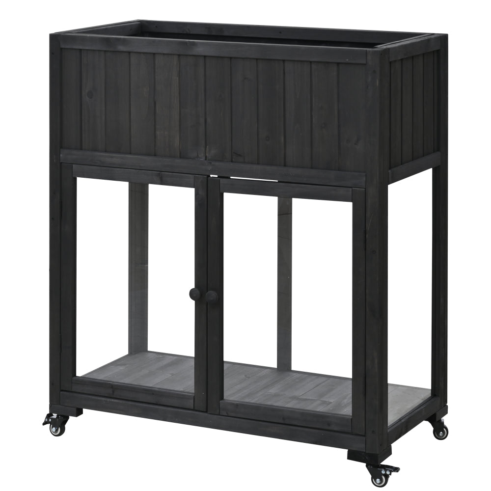 TOPMAX Patio 35.4''x17.7''x37.4'' Mini Wood Cold Frame, Compact 2 Doors Garden Greenhouse with Wheels, Raised Bed with Liner for Indoor Outdoor Use, Black