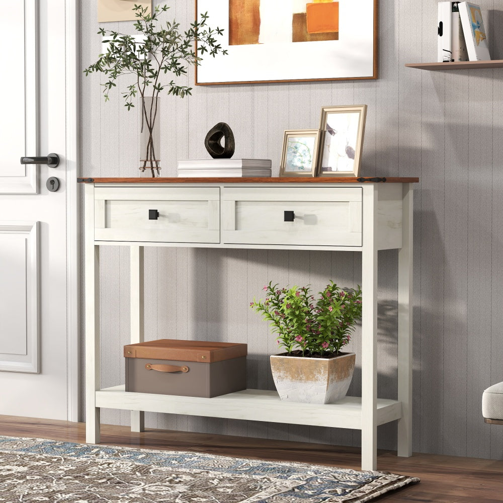 Farmhouse Style Console Table with 2 Drawer and Bottom Storage Shelf for Entryway, Rustic Side Table with Storage Drawer and Shelf for Living room, Hallway(Antique White)