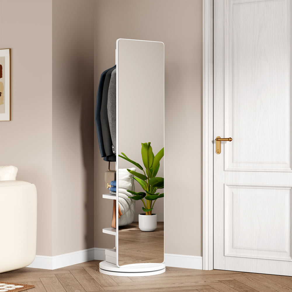 360° Rotating 66"x14" Multifunctional Full Length Mirror with Hook Storage Rack Coat Rack with Mirror Solid Wood Floor Mirror Bedroom Living Room Cloakroom Space Saving (wh