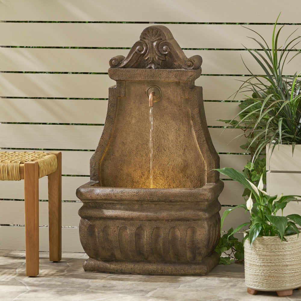 35.25" High Outdoor Weather Resistant Floor Fountain with LED Lights, Light Brown