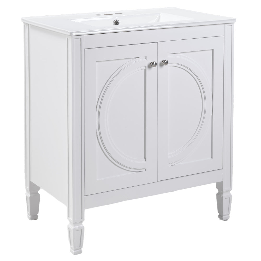 30" No Assembly Needed Vintage White Bathroom Vanity with Ceramic Sink,Two Soft-Close Doors & Adjustable Shelf,Modern Farmhouse Style
