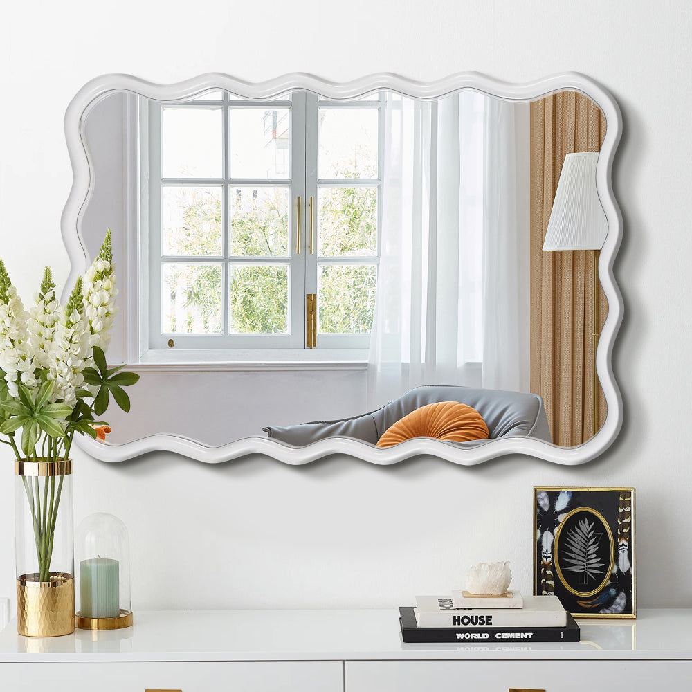 Solid Wood Wavy Rectangle  Mirror-Natural-Wood   40" x 28" Modern Mirror Wall Decor for Bathroom, Bedroom, Living Room, Dining Room, Cloakroom, Entryway