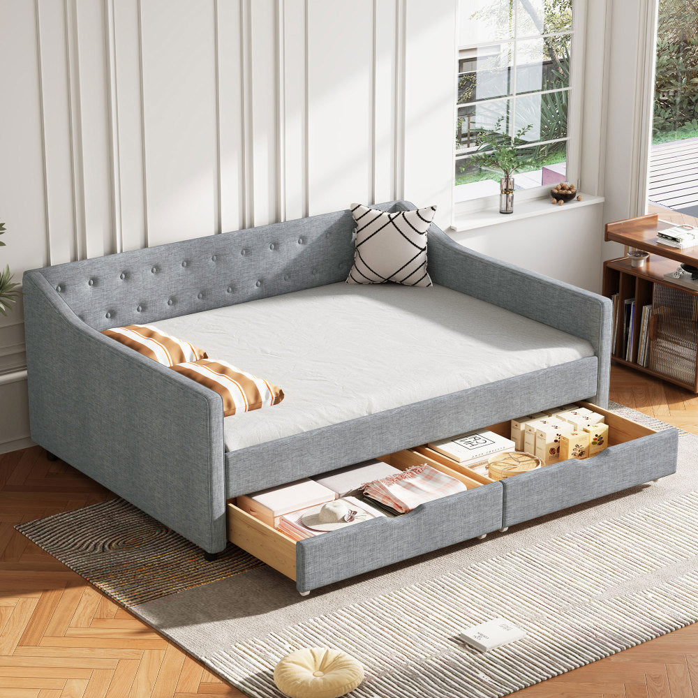 Twin Size Daybed with Drawers Upholstered Tufted Sofa Bed, with Button on Back and Piping on Waved Shape Arms-Light Grey