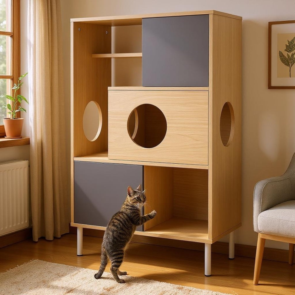 2 IN 1 Modern Cat Tree Bookshelf with Storage, Wood Bookcase with Litter Box Enclosure, Cat Climbing Shelves with Hidden Storage