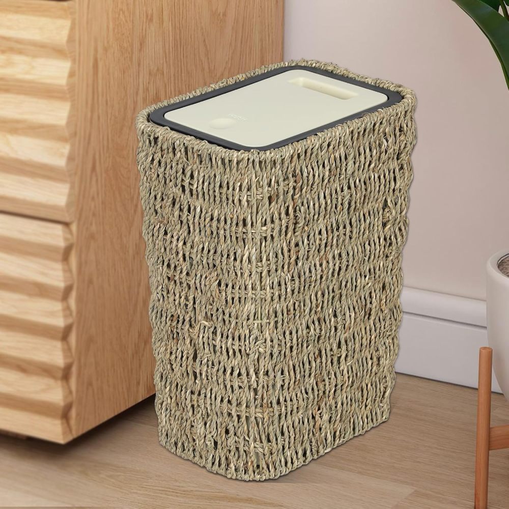 Boho Trash Can with Lid,2.6Gallon Small Rattan Trash Can with Press Top Lid,Slim Wicker Waste Basket and Hamper 2 in 1 for Bathroom,Seagrass Woven Garbage Can Trash Basket for Bathroom,Kitchen