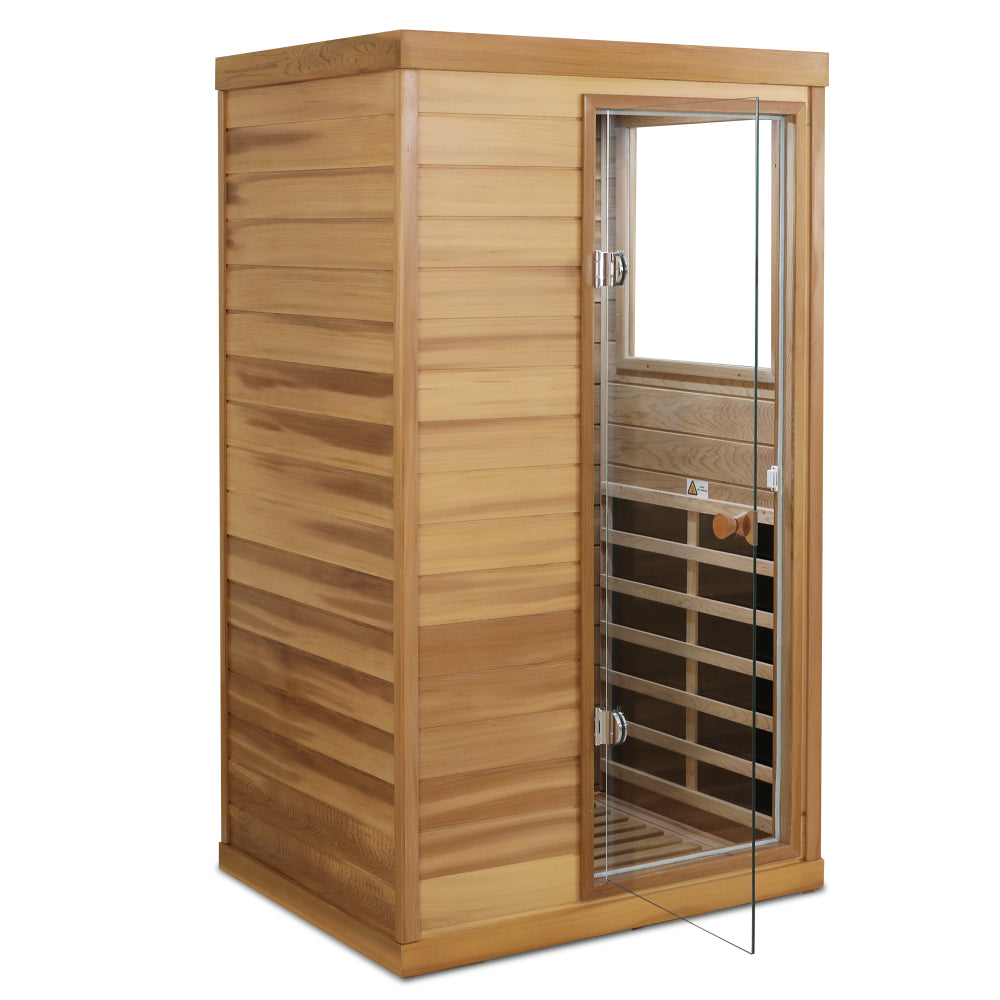 Red cedar Mini one person far infrared glass door on the right of the indoor sauna room