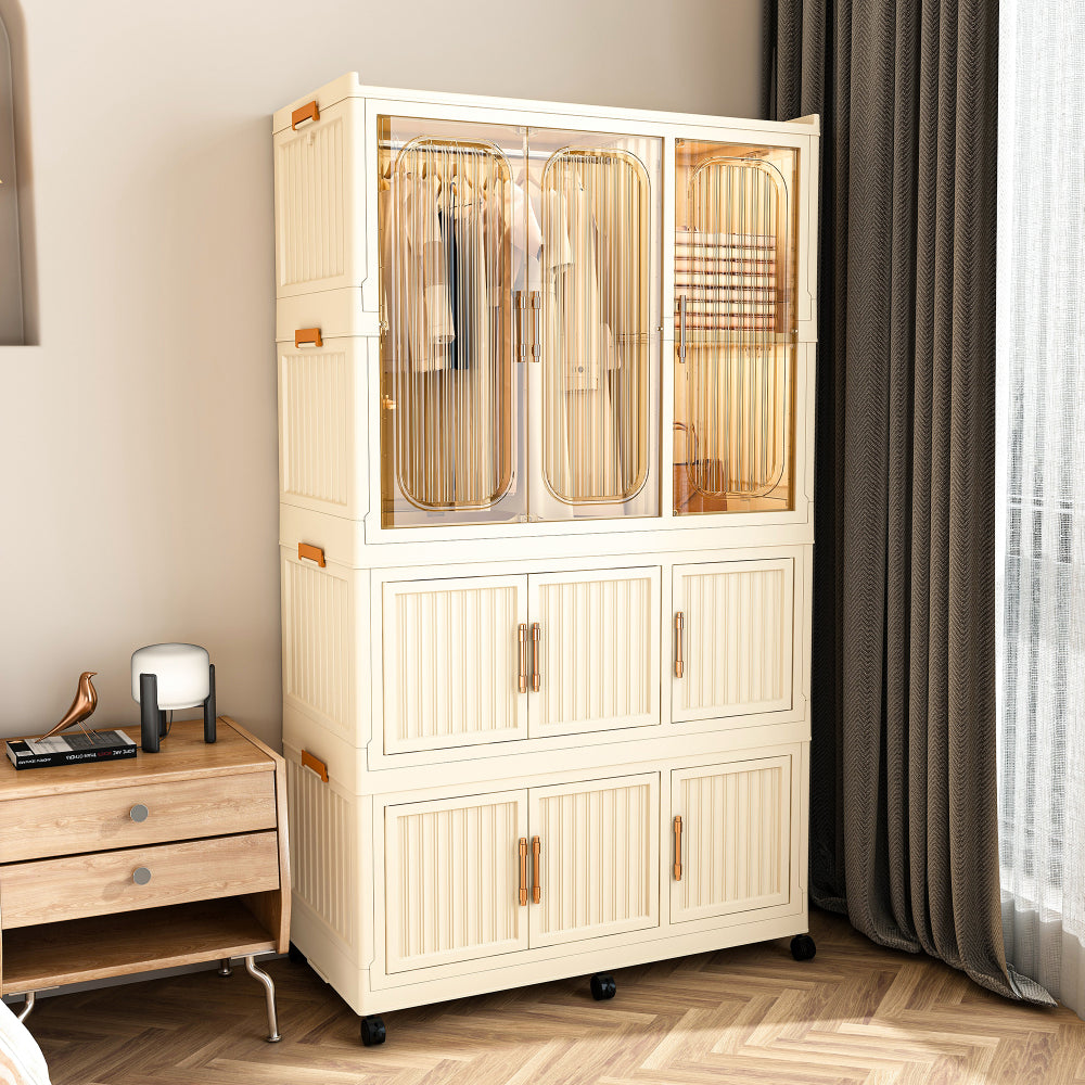Portable Wardrobe Closet Storage Organizer for Clothes,Clothes Dresser,9 Magnetic Doors-9 Cubes & 1 Hanging Rod,6 pcs hangers , Baby Wardrobe Storage Cabinet,White