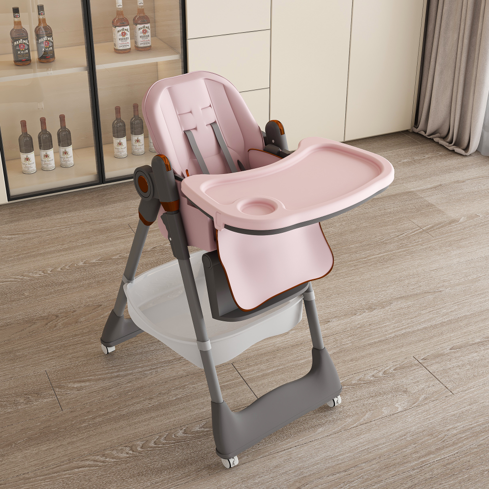 Adjustable Baby High Chair 0-6 Years – Portable Infant Feeding Seat with Safety Belt, Silent Lockable Wheels & Easy-Clean Design for Home, Dining, Living Room, Bedroom (Pink)