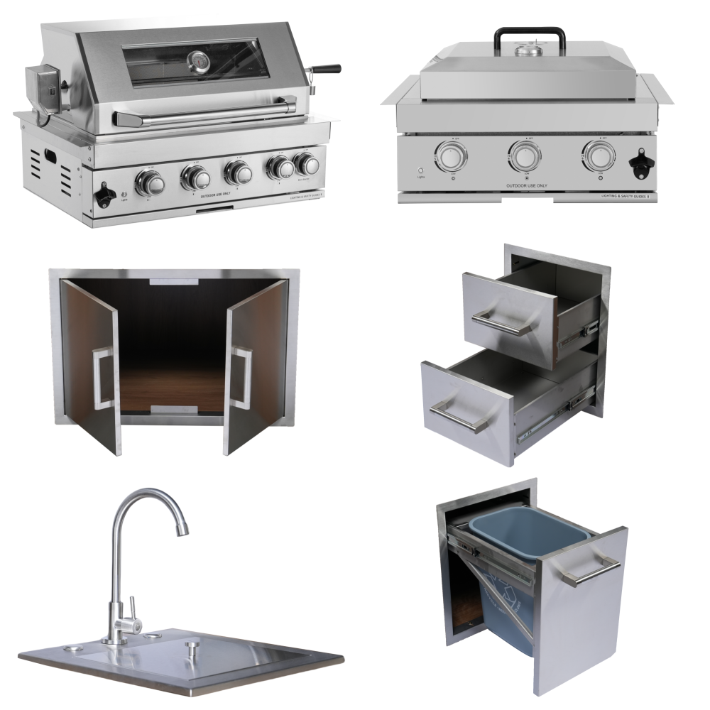 Built-in Outdoor Kitchen 32 inch LPG Gas Grill 60000 BTU Stainless Steel Four burners Grill with Infrared Rear Bunrer and Door and Drawer Combo and Drop in Stainless Steel 304# Sink with BBQ Tool Set