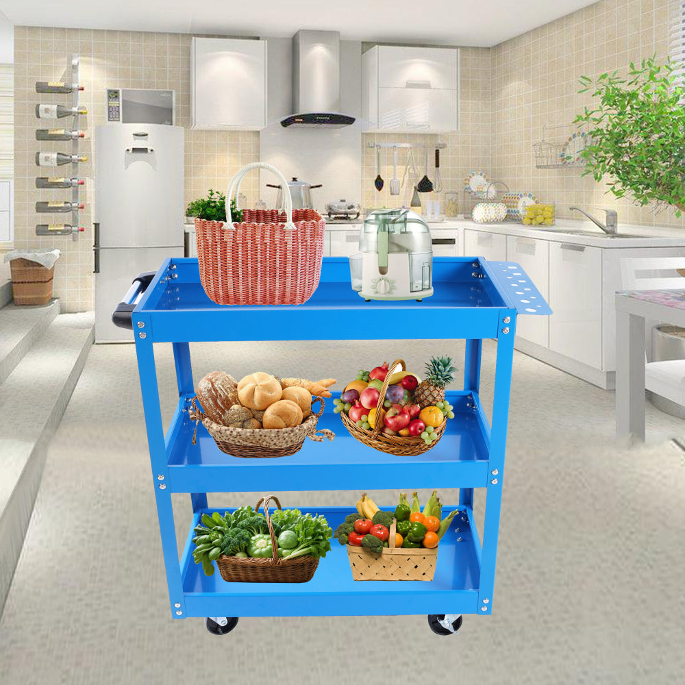 Tool Cart, 3-Tier Rolling Mechanic Tool Cart, Heavy Duty Steel Utility Cart with Lockable Wheels, 450 LBS Capacity Industrial Service Cart for Garage, Warehouse, Workshop (Blue)