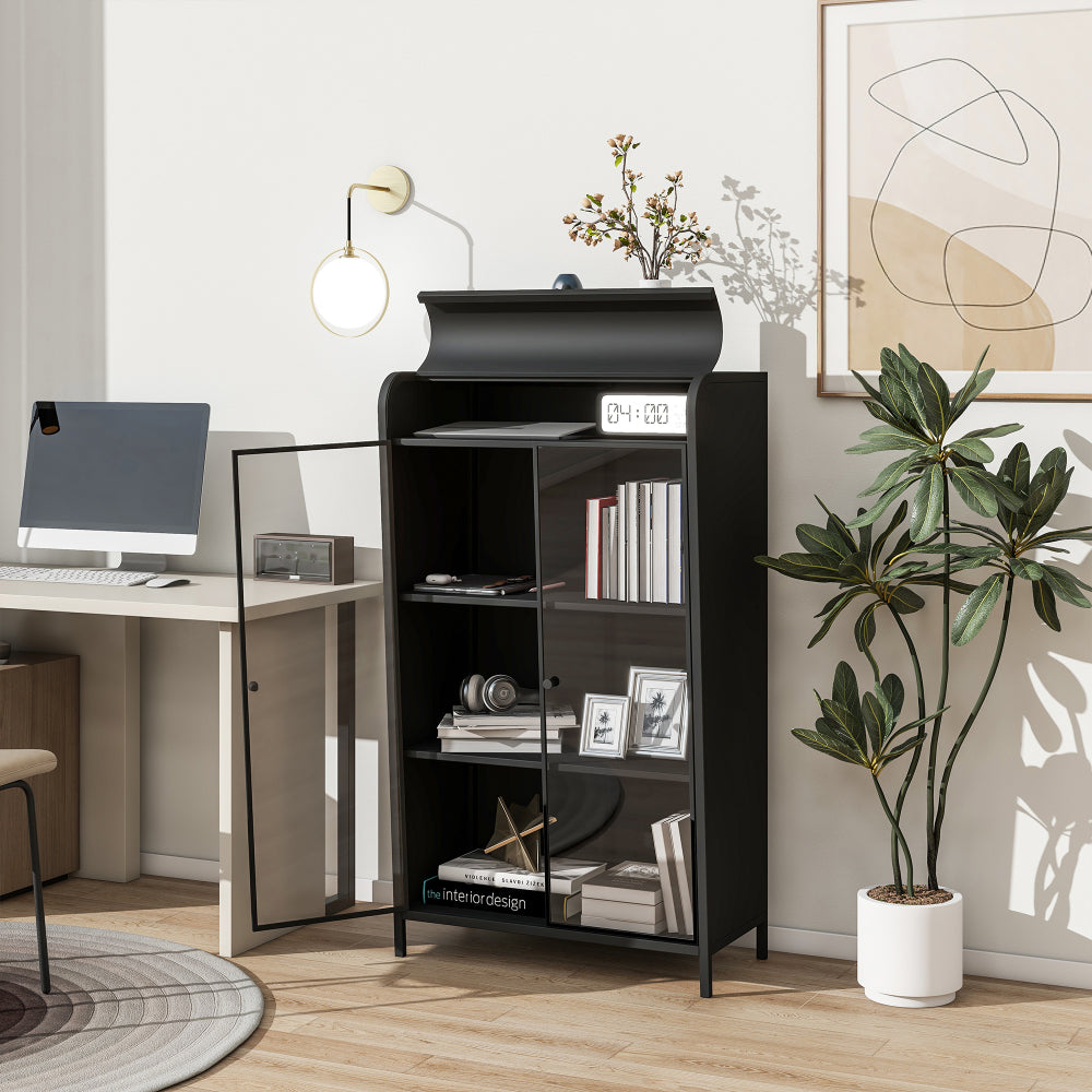 47.6" Tall Metal Storage Cabinet with Glass Doors & Flip-Top, 4-Tier Display Cabinet with Open Shelves, Freestanding Steel Sideboard Buffet for Kitchen, Living Room, Home Office, Dining Room, Bathroom