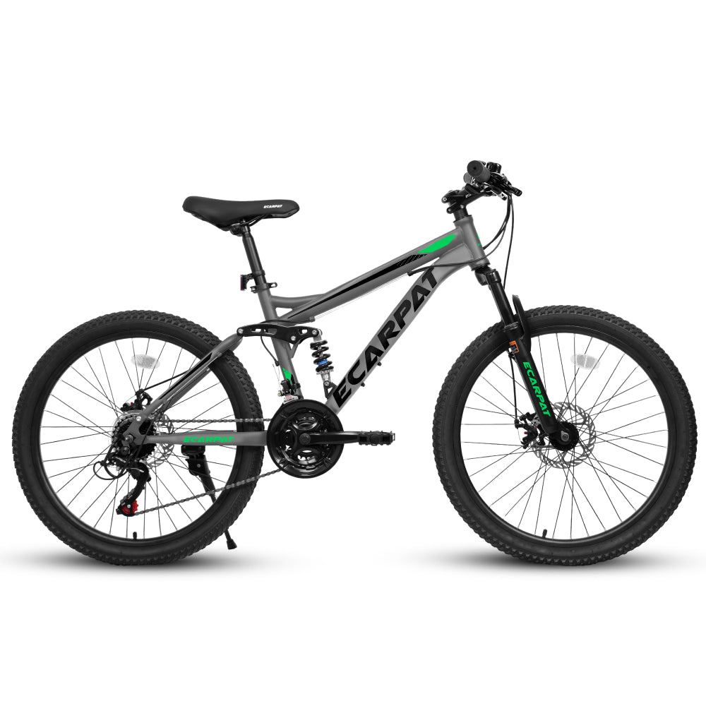 A2460 24 Inch Mountain Bike with Full Suspension, 21 Speed Shifter Lever with Gear Indicator, High Carbon Steel Frame, Mechanical Disc Brakes, Unisex for Men/Women/ Adults, Ideal for Trails.