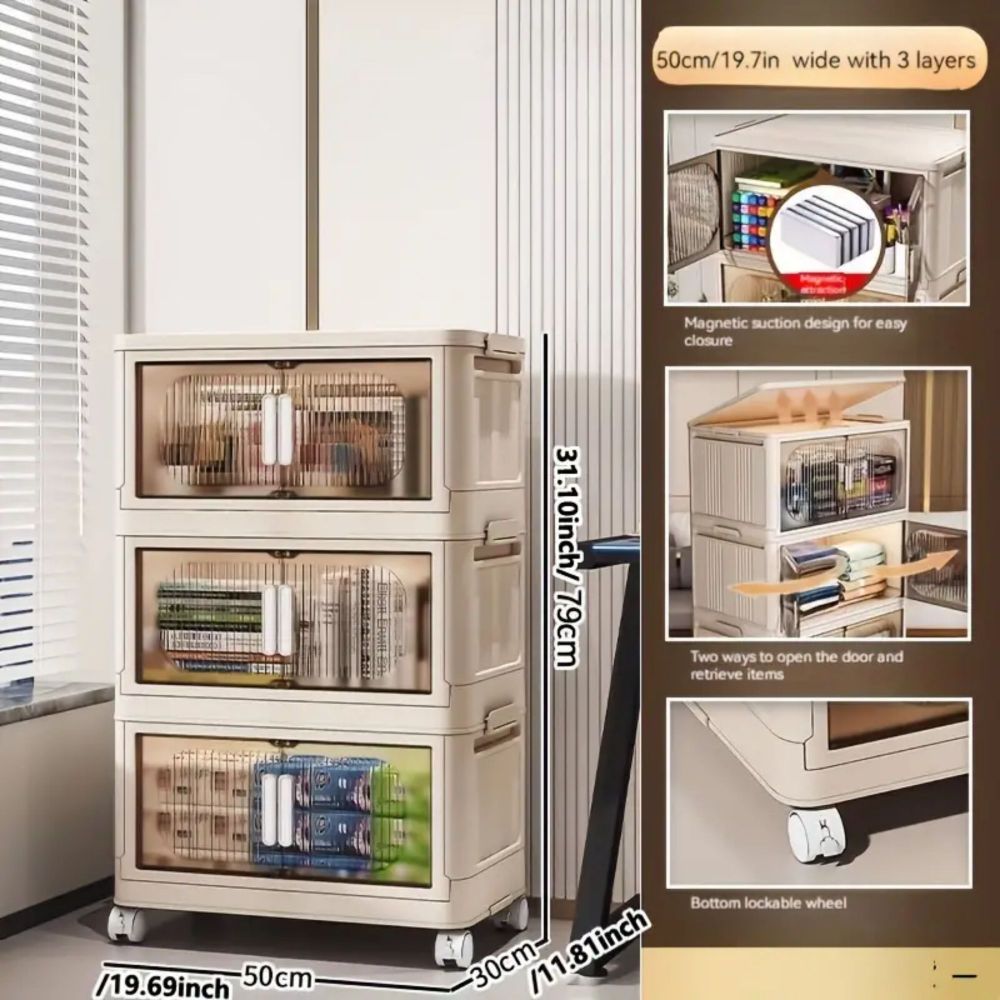 19.69" Side Wide Folding Storage Cabinet ,3 Tiers,19.69"×11.81"×31.1",Collapsible Storage Bins with Magnetic Door, Plastic Storage Cabinet with Wheels, Closet organizers and Storage Containers