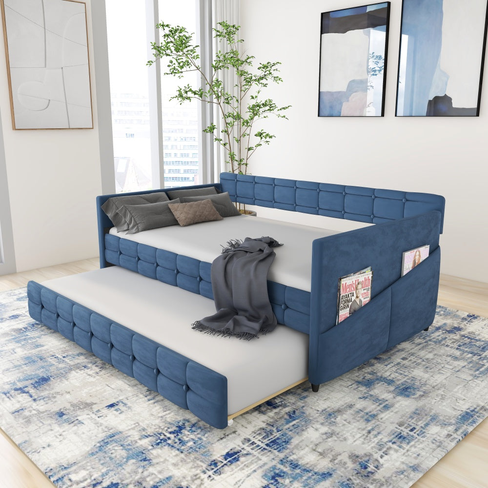 BLUE UPHOLSTERED TWIN SIZE DAYBED WITH TRUNDLE, VELVET FABRIC, NO BOX SPRING REQUIRED, COMFORTABLE AND SIMPLE DESIGN MODELS