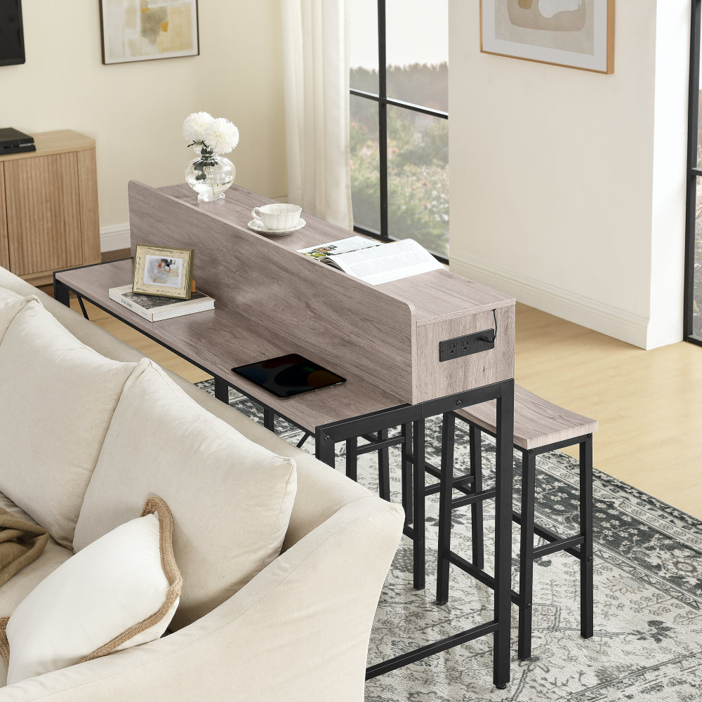 59 inch bar table, dining table, sofa table with power socket and LED light, 3 saddle stools, 4-piece bar table and chairs set for living room, dining room and kitchen