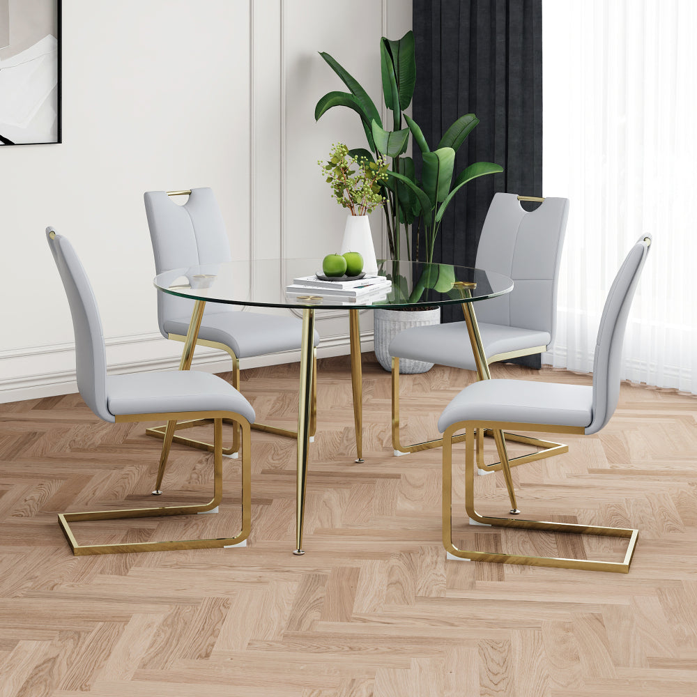 Modern simple round glass dining table, wear-resistant tempered glass countertop, gold-plated legs, grey PU dining chair set, suitable for restaurant kitchen use (set of 5)