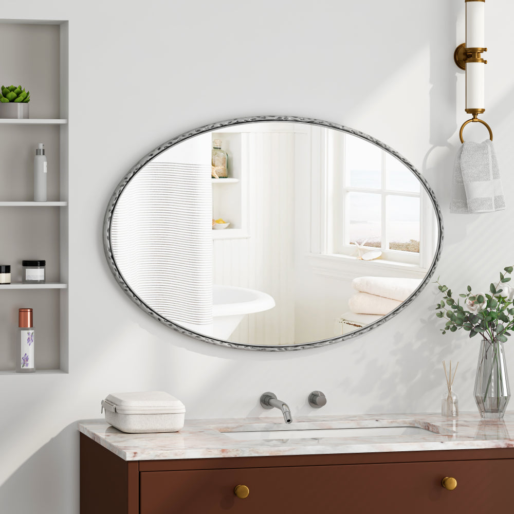 Iron Art Oval Retro Mirror, Antique Effect, Wall Hanging, Suitable For Bathroom, Bedroom, Living Room (Silver)