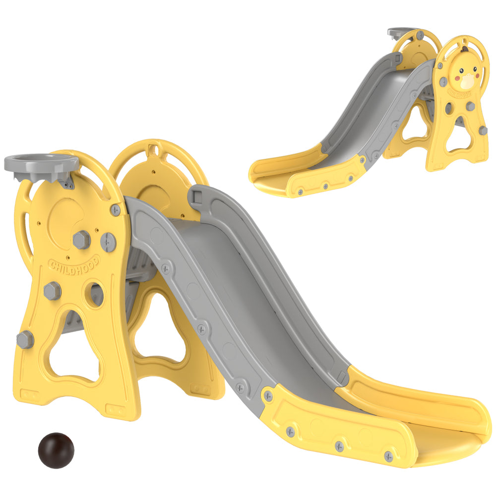 Qaba Toddler Slide, 3 in 1 Slide for Kids Ages 1-3 Years, Indoor Slide with Basketball Hoop, Climber, Duck Pattern, Yellow