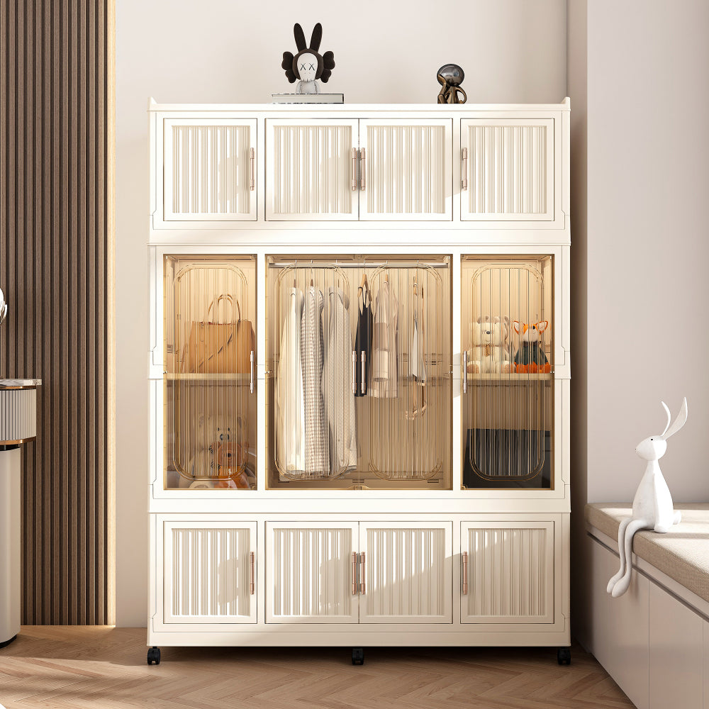 Portable Wardrobe Closet Storage Organizer for Clothes,Clothes Dresser,9 Magnetic Doors-9 Cubes & 1 Hanging Rod,6 pcs hangers , Baby Wardrobe Storage Cabinet,White