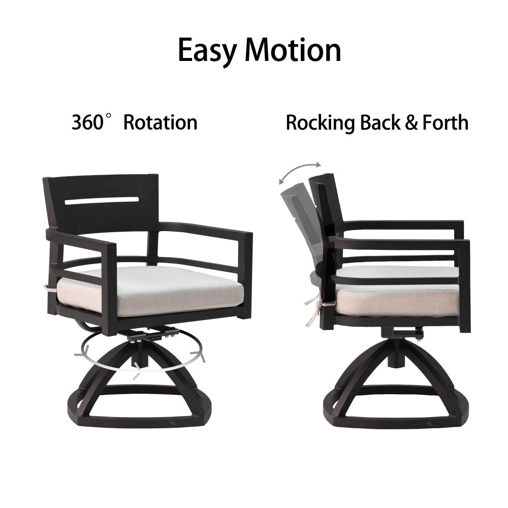 7-Piece Outdoor Patio Aluminum Furniture, Modern Dining Set, including 4 Dining Chairs & 2 Swivel Rockers Sunbrella Fabric Cushioned and Rectangle Dining Table with Umbrella Hole, Ember Black