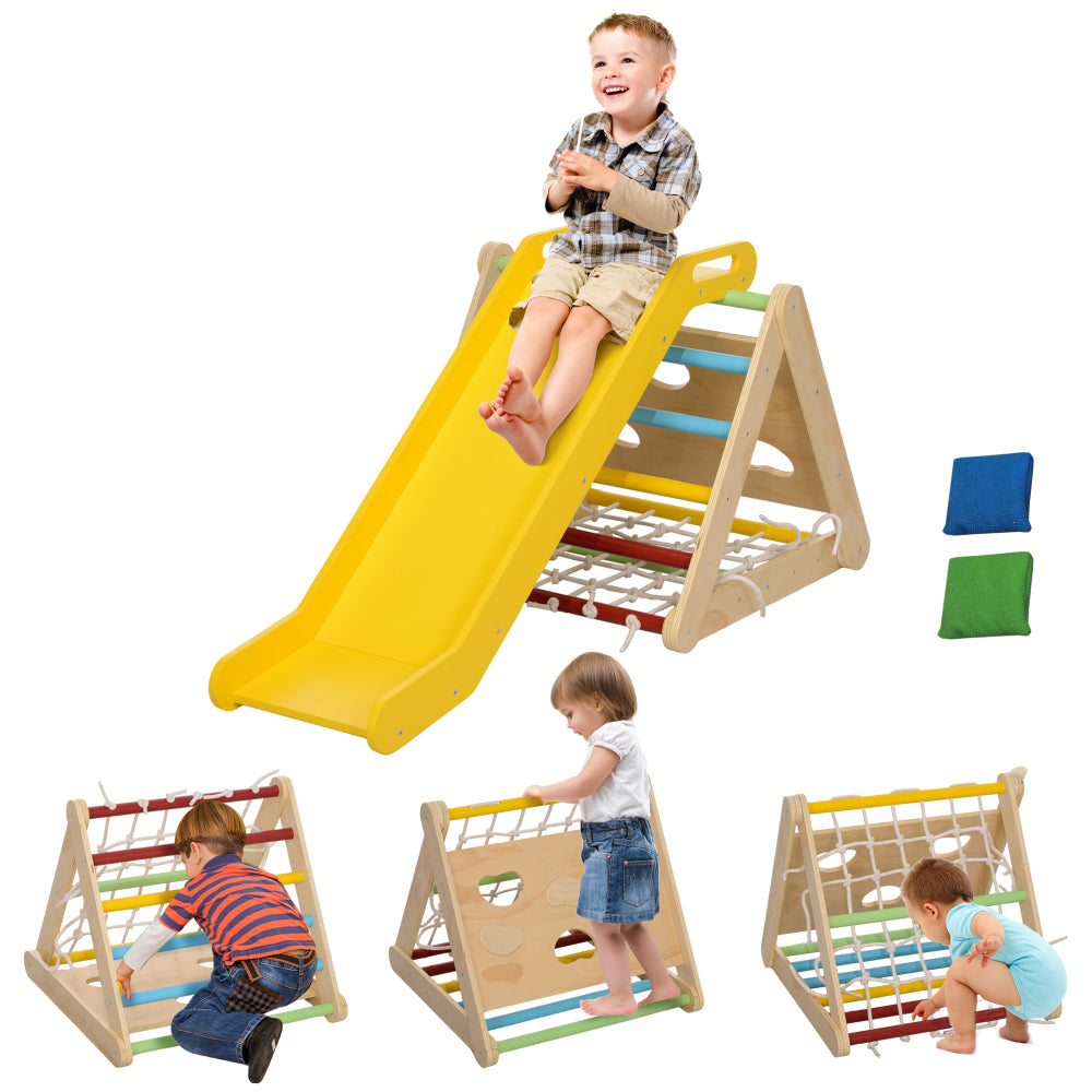 Qaba 5 in 1 Pikler Triangle Set, Indoor Toddler Climbing Toys with Slide & Sandbags, Montessori Climber, Baby Gym Play Set, Playground for Kids 18-48 Months, Multicolored
