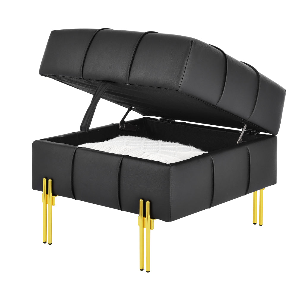 22 inches Anti-scratch Leather Storage Ottoman, Pet Friendly Entryway Bench with Golden Stainless Steel Legs, Black