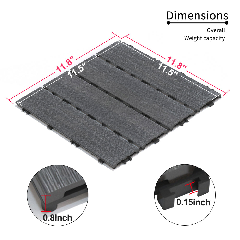 Patio Floor Tiles Pack of 22  WPC Wood-Plastic Composite Patio Deck Tiles DIY Interlocking Decking Tiles, Quick Deck Floor Tile, Court Tile, Water Resistant Indoor Outdoor -11.8" ASH