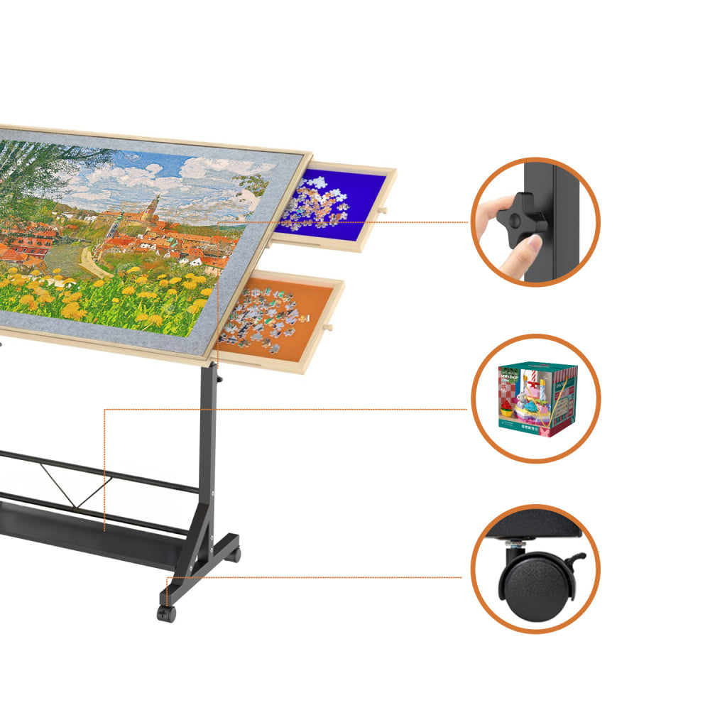 Wooden 1500 Piece Puzzle Table with Drawer, 35"*27.17" Adjustable Puzzle Table, 360° Tilting Puzzle Table with Legs and Wheels, Rolling Puzzle Table, Adjustable Height and Angle, with Protective Cover