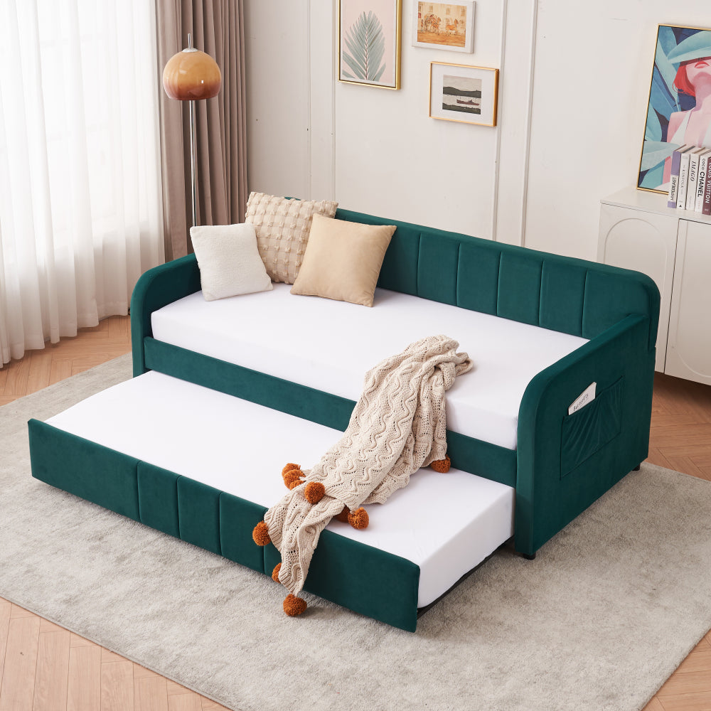 Twin Upholstered Daybed Frame with Trundle, Twin Size Sofa Bed for Bedroom Living Room Guest Room, Wood Slat Support,Grey