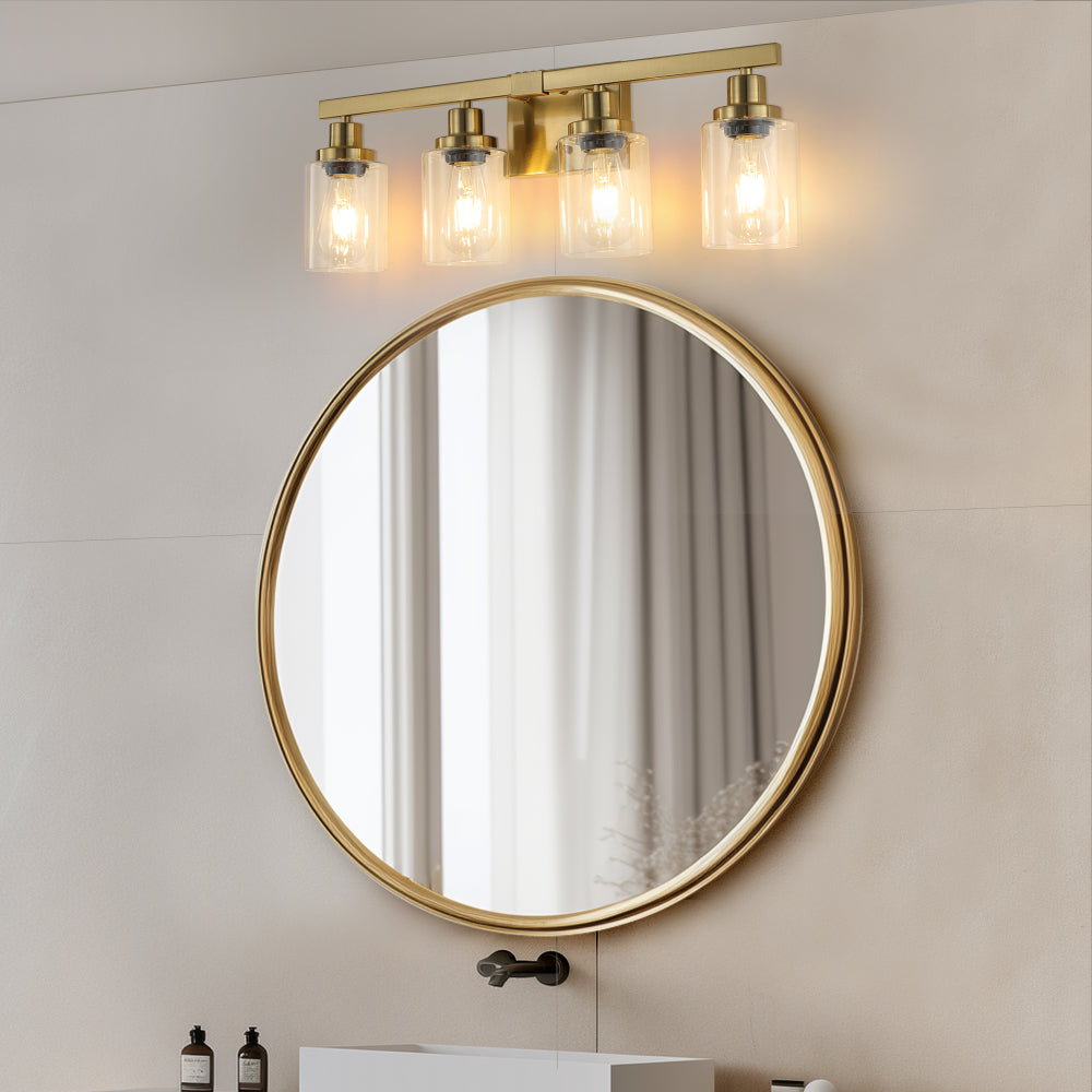 24" Golden 4-Light Vanity Light with Clear Glass Shades, Modern Iron Metal Bathroom Wall Fixture for Mirror, Ideal for Bathroom and Dressing Table (No Bulbs)