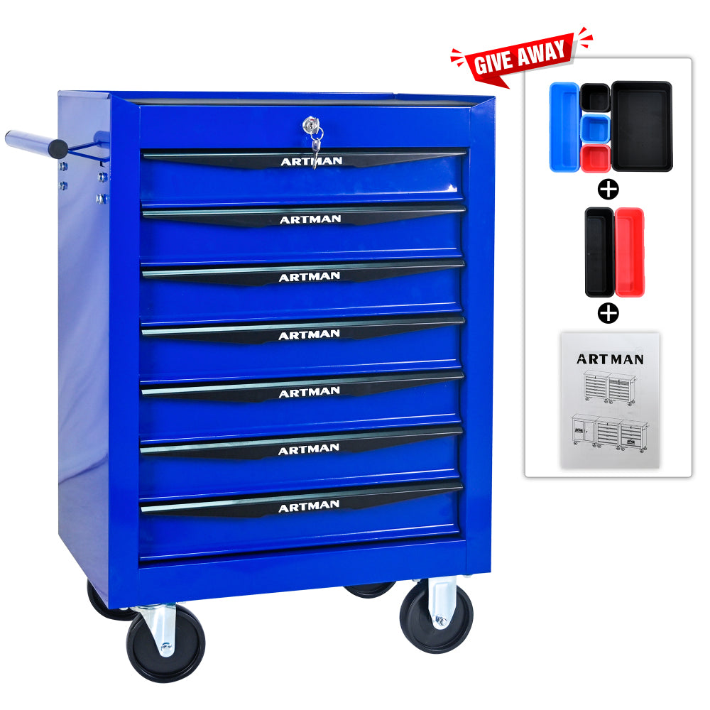 Rolling Metal Tool Chest with 7 Drawers, 20" 7-Drawer Tool Chest Cabinet with Ball Bearing Drawer Slides, Steel Tool Storage Box Organizer -BLACK&BLUE