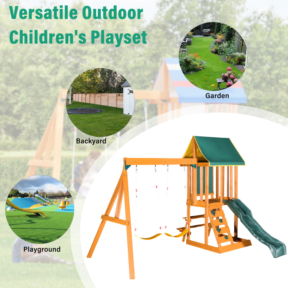 Wooden Outdoor Swing Set 3 in 1 Swing Set outdoor Children's Playset with Slide, 2 Swings and Climber for Garden, Backyard and Playground, Green